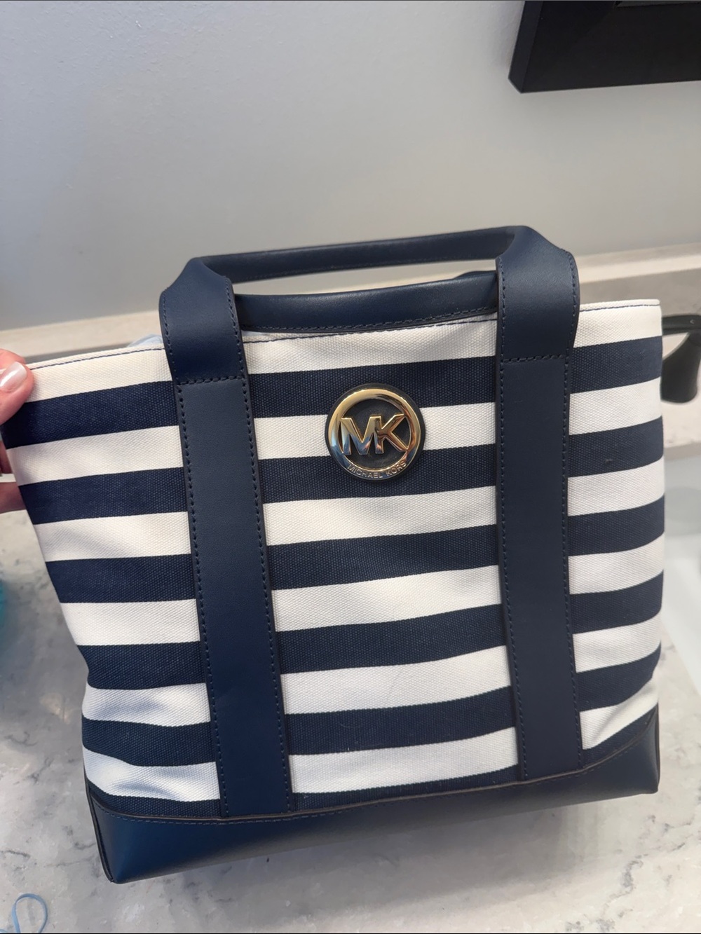 Michael Kors Navy and White Striped Tote with Gold MK Logo
